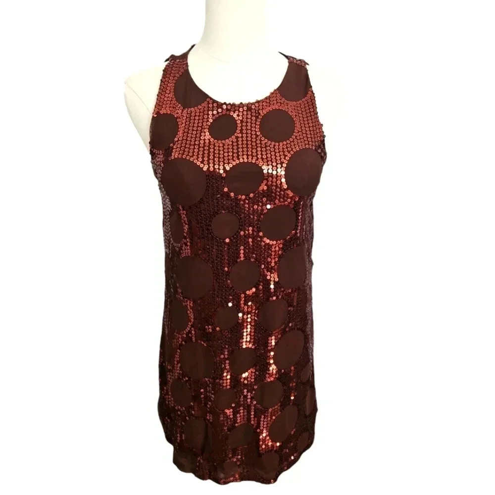 Amelia metallic Brown Sleeveless Midi Dress Circles Sequins Club Dress size M